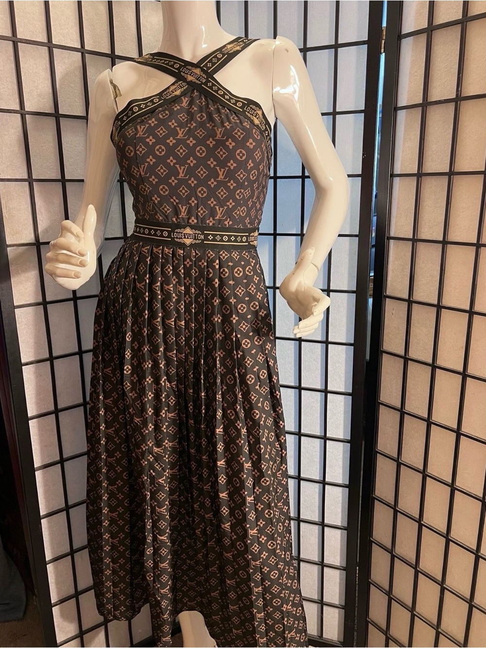 Louis Vuitton Black One-Shoulder Logo Midi Dress